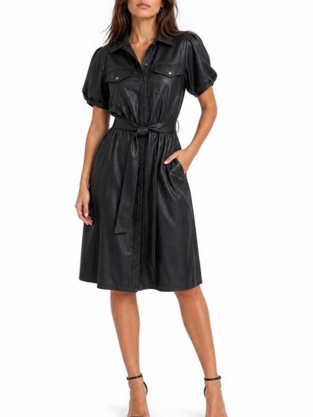 Marc New York Black Faux-Leather Midi Skirt with Self-Tie Waist